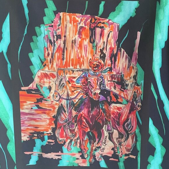 Save the Queen Cowboy 80s Top Womens Large Green Black Boat Neck Stretch - Picture 8 of 9